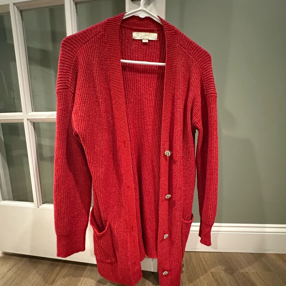 LOFT Red Women's Cardigan with Embellished Buttons